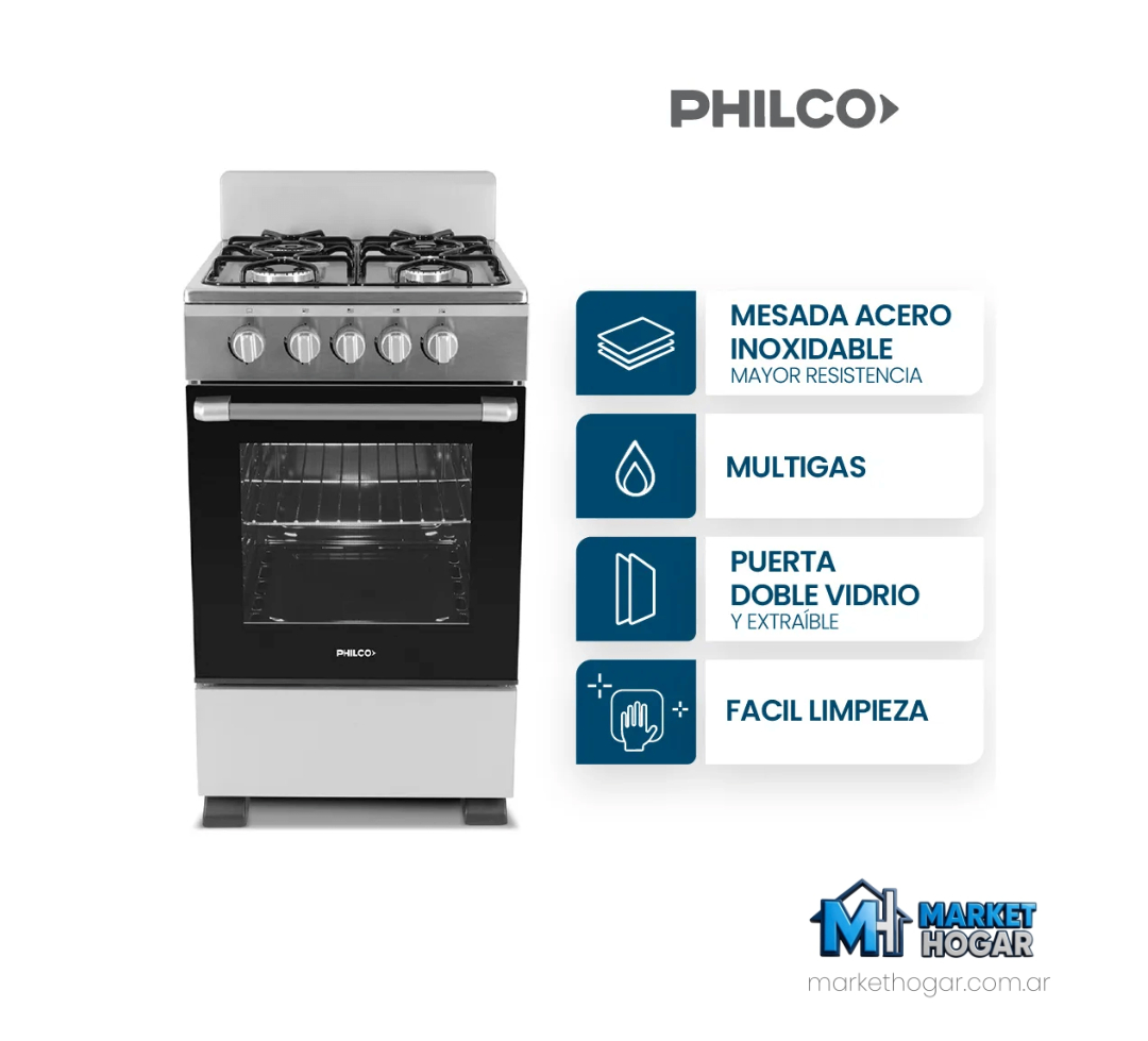 Cocina Philco Gas Essential 50 cm Plata 4 Hornallas con Horno Amplio - Image 2