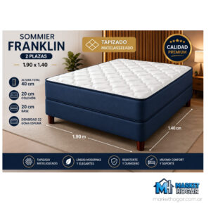 Sommier Franklin 2 Plazas Tapizado con Patas de Madera