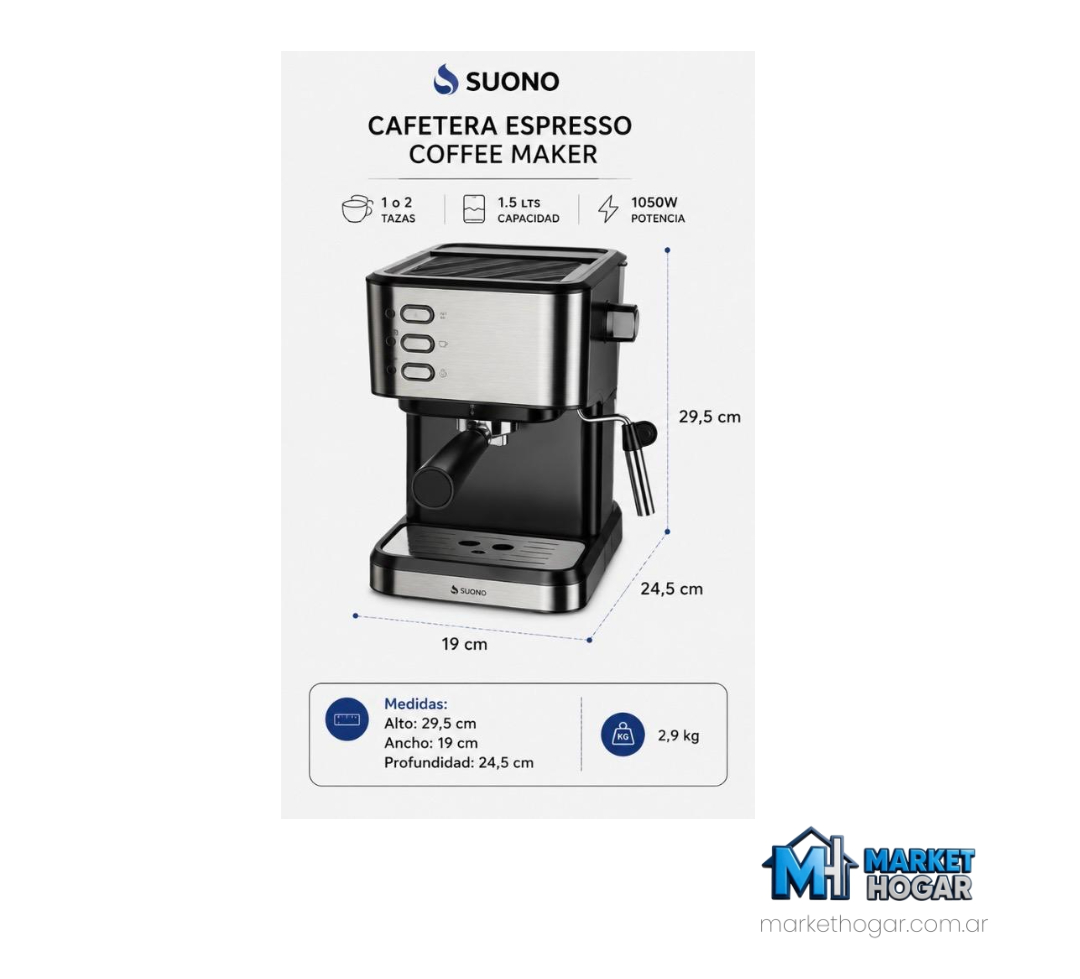 Cafetera Espresso Coffee Maker 1.5Lts 1-2 Tazas 1.050W Suono - Image 3