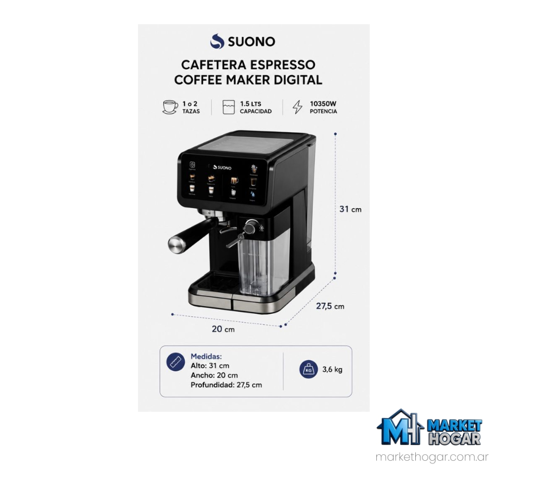 Cafetera Espresso Maker Digital 1.5Lts 1-2 Tazas 1.350W Suono - Image 3