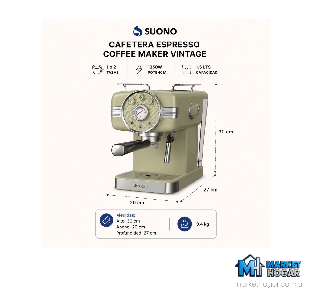 Cafetera Espresso Coffee Maker Vintage 1.350W Suono - Image 3