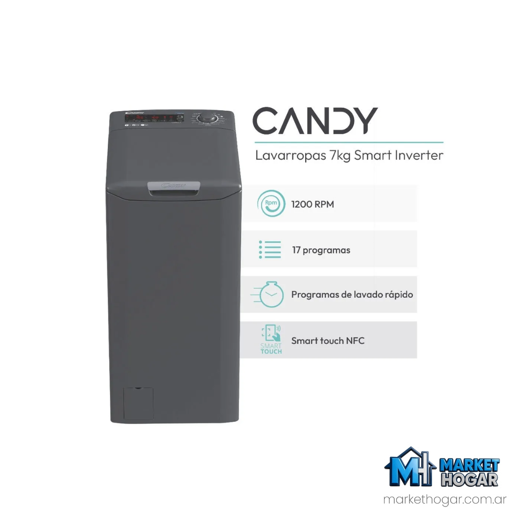 Lavarropas Candy 7kg 1.400 RPM Inverter Carga Superior Grafito - Image 2