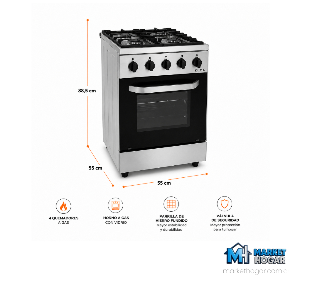 Cocina Saho Kuma Morelli 55 Cm 4 Hornallas + Horno con Visor - Image 3
