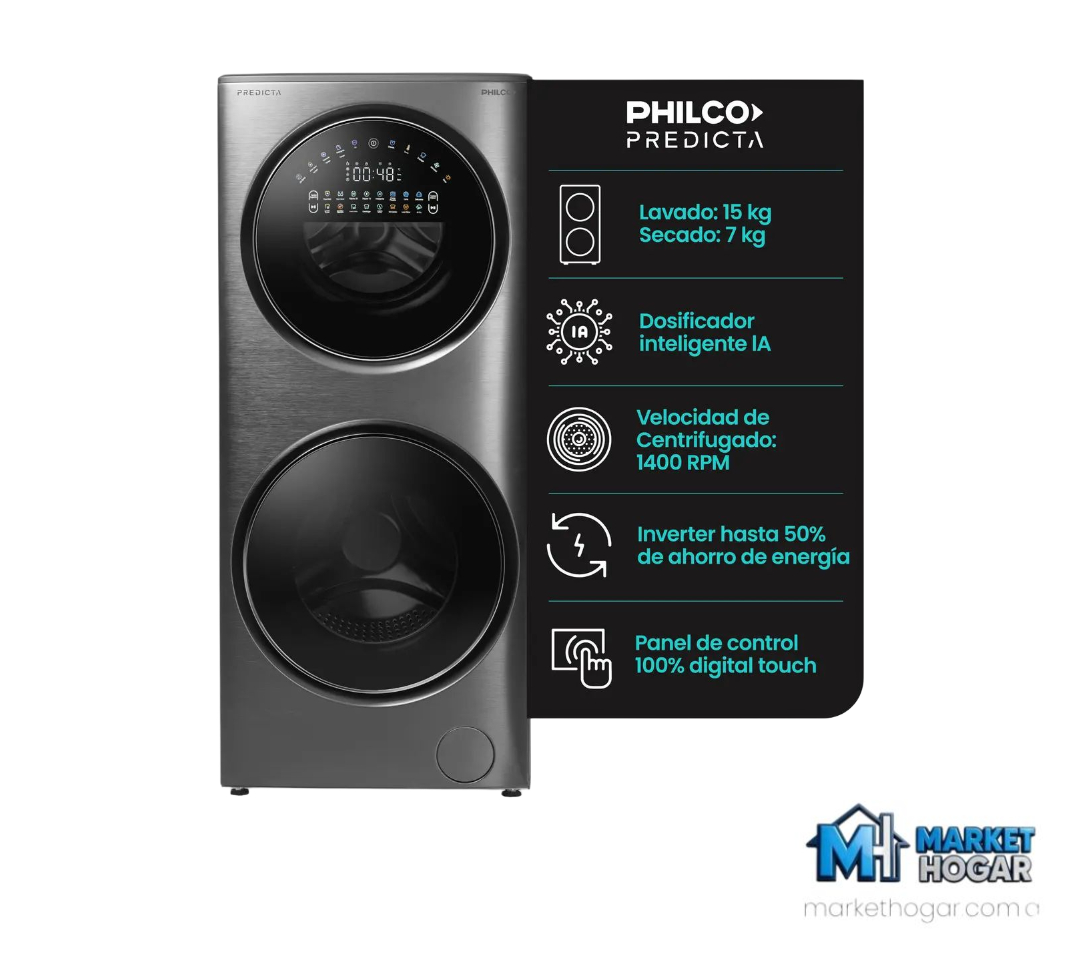 Torre de Lavado Philco Predicta Inverter 15 Kg de Lavado + 7 Kg de Secado