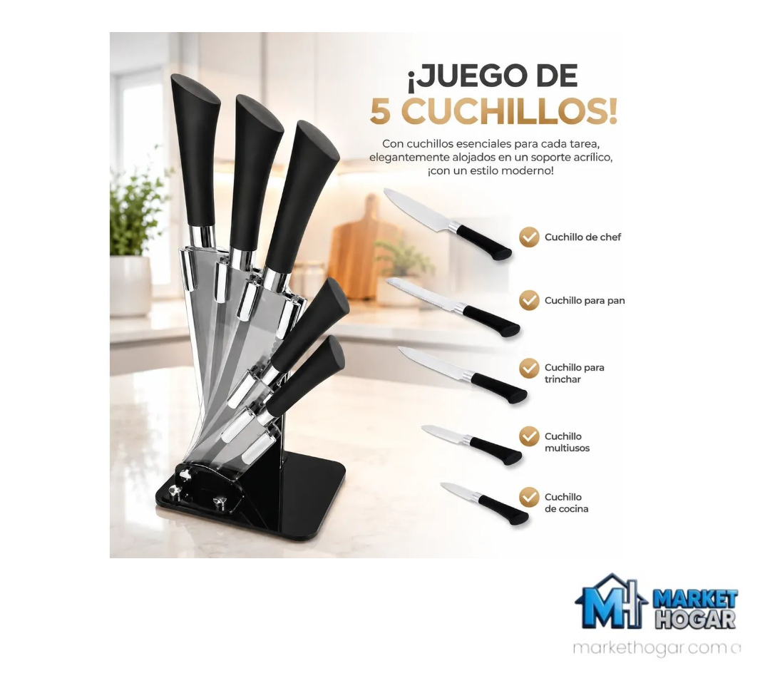 Set de Cuchillos 5 en 1 de Acero Inoxidable con Soporte - Image 2