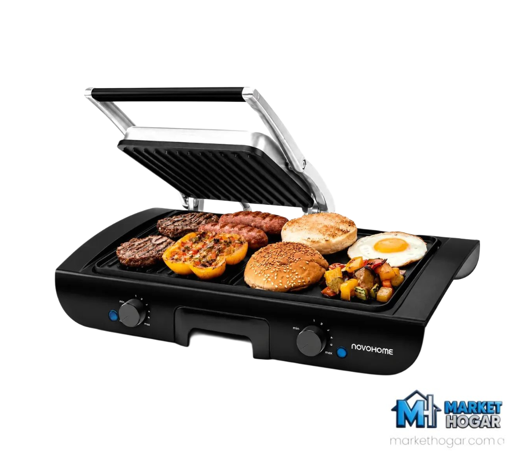 Parrila Grill 2 en 1 con Tapa Prensa y Plancheta Bifera 1500W NovoHome